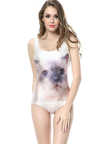 White Kitty Print Stylish One-piece Swimsuit