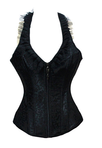 Black Matte Satin Corset With Gather Frill Halter Neck and Zip Up Front