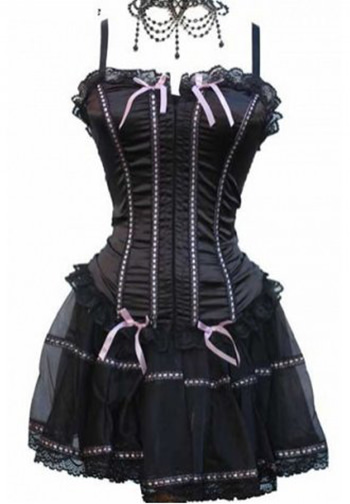 Black Pink Lace Trimmed Overbust Boning Corset Bustier with Skirt