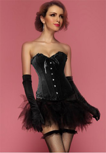 One Set- Black Floral Jacquard Tapestry Boning Corset Bustier with Tutu Skirt