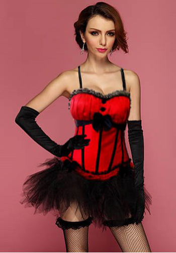 Red Black Peasant Princess Burlesque Corset Bustier with Pettiskirt