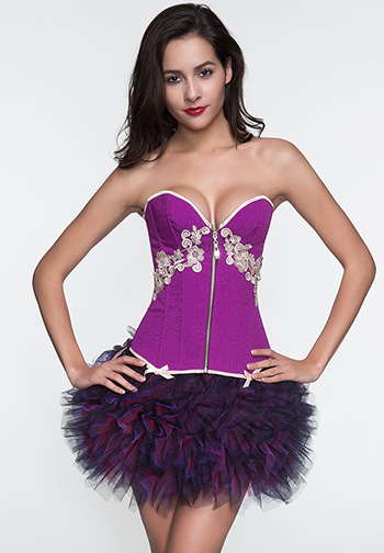 Classical Purple Embroidery Flower Zipper Overbust Corset