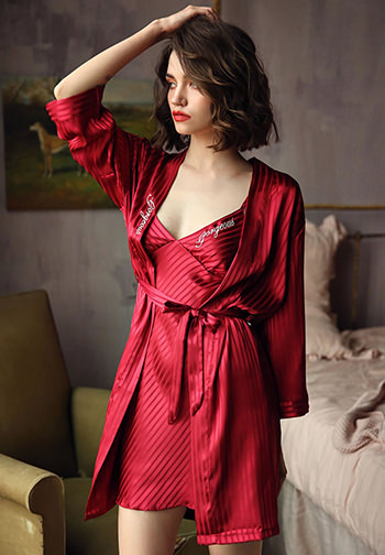 Striped Chemise And Robe Set