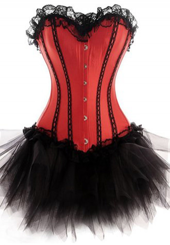 One Set-Red Contrasting Lines Satin Lace Corset Bustier with Tutu Skirt