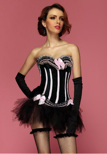 Black Pink Sensational Ruffles Trimmed Fashion Bustier Corset With Tutu Skirt