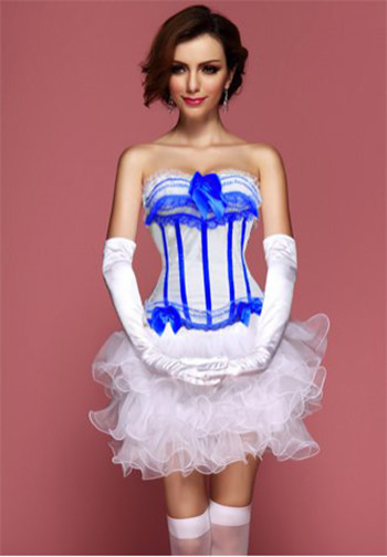 White Blue Sassy Sailor Burlesque Corset Bustier With White Ruffle Skirt