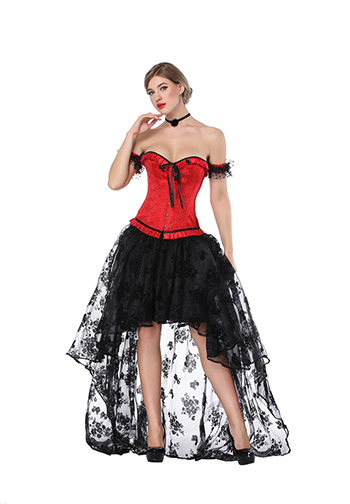 Sexy Red Sweetheart Overbust Corset And High Low Skirt