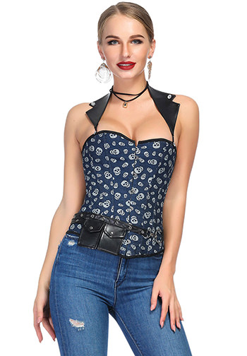 Denim Skull Pattern Corset And Black Belt