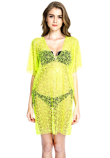 Colloyes Neon Yellow Floral Crochet Detail Beachwear