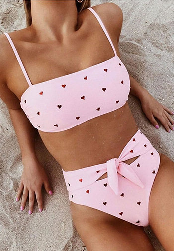 High Waisted Knotted Hearts Printed Bandeau Bikini Swimsuit