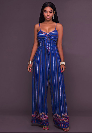 Blue Tribal Print Open Back Jumpsuit