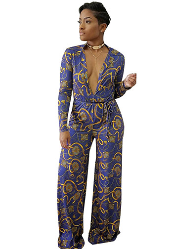 Fashion Deep V-neck Print Long Sleeves Jumpsuit