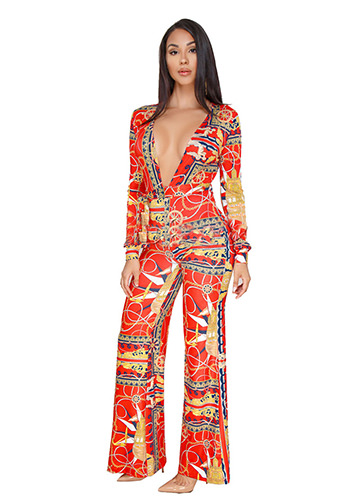 Printing Long Sleeve V-neck Wide Leg Jumpsuit Romper