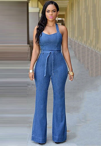 Halter Denim Lace-Up Jumpsuit