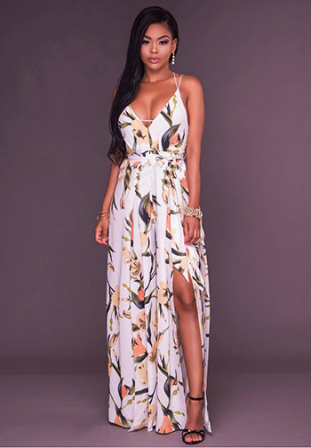 Floral Print Slit Legs Jumpsuit