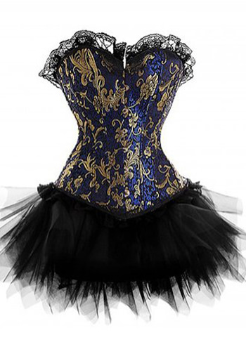 Blue Lace Trimmed Emperial Lace Prints Corset Bustier Corset with Tutu Skirt