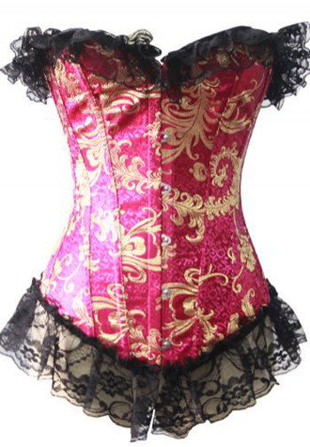 Red Floral Print Brocade Overbust Corset Bustier