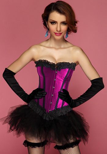 Contrasting Lines Satin Lace Corset Bustier with Pettiskirt in Blue and Purple