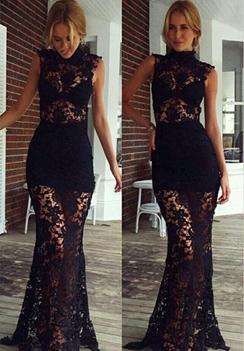 Fabulous Black Sleeveless Lace Mesh Crew Neck Floral Lace Skinny Maxi Dresses