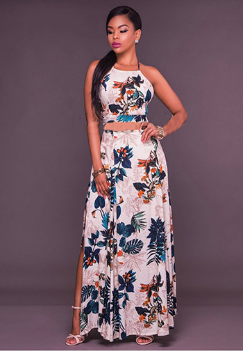 Flowers Print Cross Back Side Slit Maxi Dress