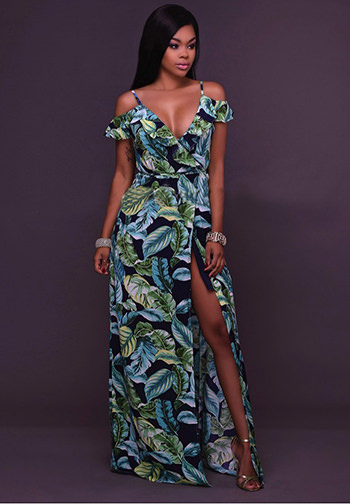 Leaf Print Ruffle Maxi Dress