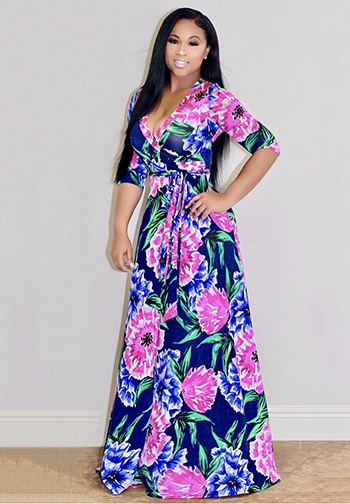 Floral Print Tie Waist Maxi Dress