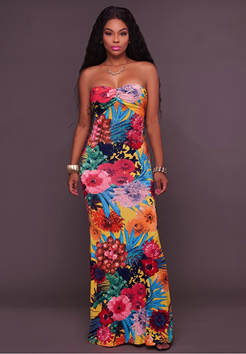 Multi-Color Print Key-Hole Back Maxi Dress