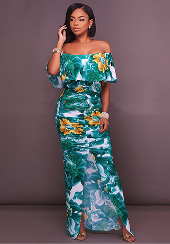 Multi-Color Floral Print Off-The-Shoulder Maxi Dress