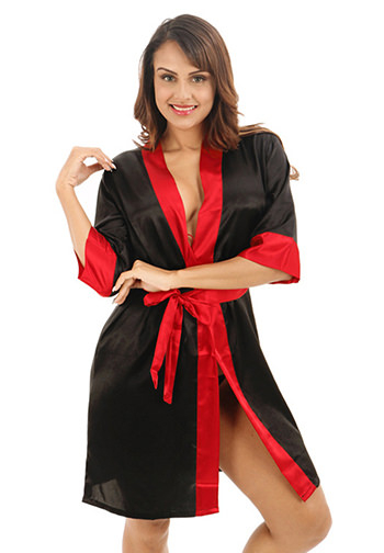 Satin Contrast Color Kimono Bathrobe Robe