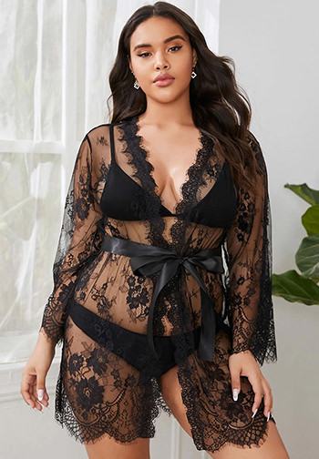 Plus Size Romantic Black Lace Kimono Robe