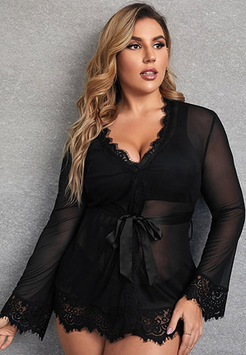 Plus Size Eyelash Lace Robe and G-String