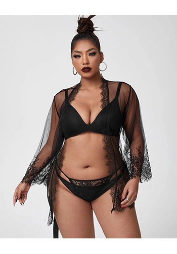 Plus Size Eyelash Lace Robe and G-String