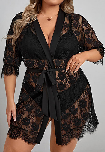 Plus Size Eyelash Lace Robe and G-String