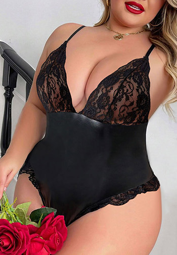 Plus Size Faux Leather and Lace Teddy