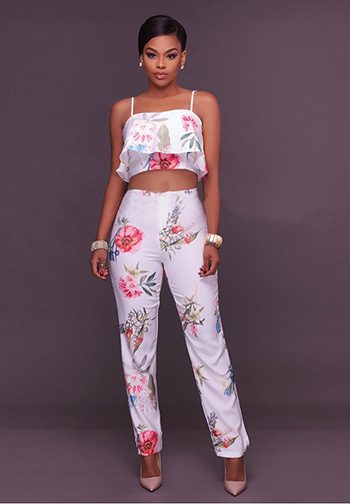 White Floral Print Two Piece Set