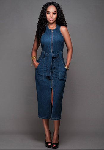 Front Zip Sleeveless Denim Dress