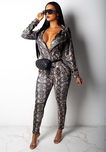 Women's Snakeskin Printing Long Sleeve Zip up Jacket And Bodycon Long Pants