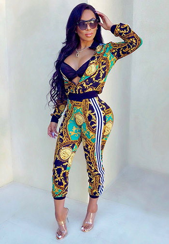 Fashion Print Long Sleeve Zip up Jacket And Bodycon Long Pants