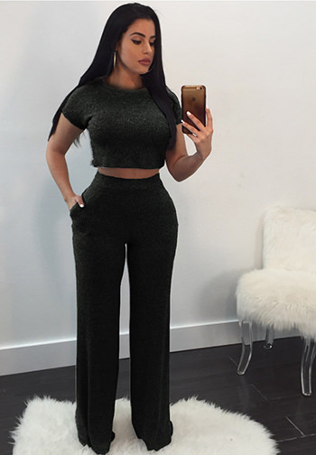 Women's 2 Piece Short Sleeve Crop Top and Long Pants Set