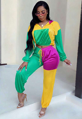 Women's 2 Piece Long Sleeve Contrast Color Bodycon Long Pants Set