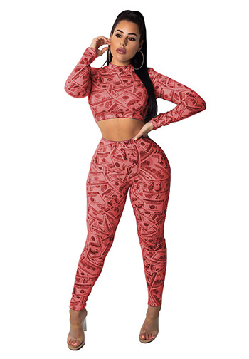 Printing Long Sleeve Crop Top and Bodycon Long Pant Set