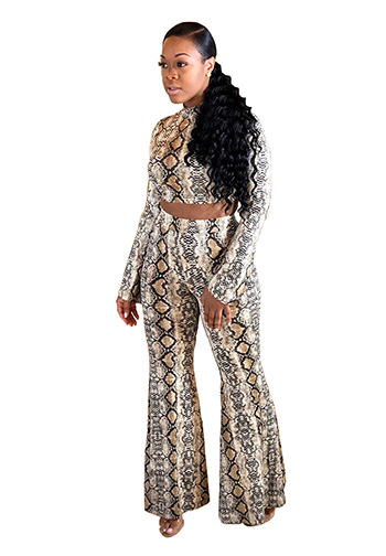 Fashion Women's Printing Long Sleeve Crop Top and Wide Leg Long Pant Set