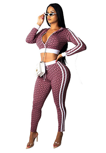 Women's Long Sleeve Zip Up Crop Top and Bodycon Long Pants Set