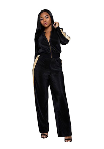 Women's Long Sleeve Zip Up Top and Wide Leg Long Pant Set