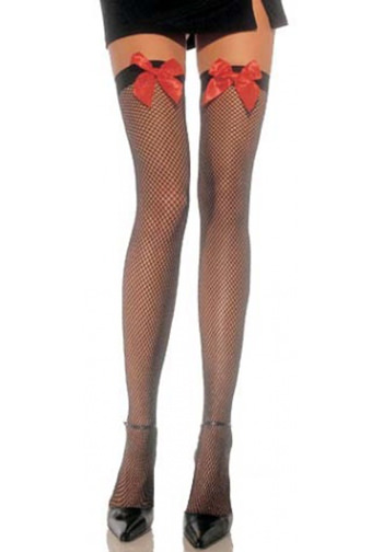 Fishnet Thigh High Stockings with Satin Bow