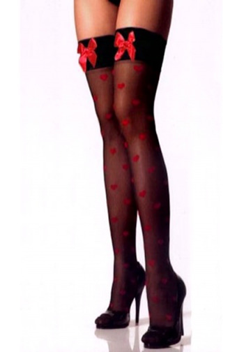 SHEER LYCRA WOVEN HEARTS STOCKINGS WITH SATIN BOW