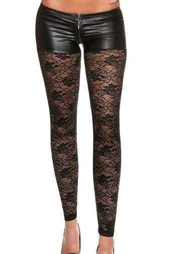 Black PU Stitching Lace Leggings Pants