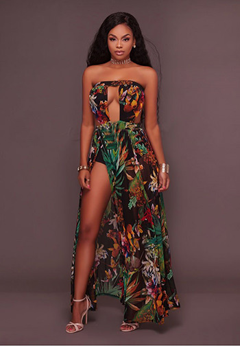 Printed High Slit Legs Bodysuit Maxi Dress