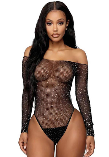 Long Sleeve Fishnet Off-the-shoulder Sparkle Bodysuit