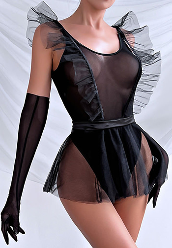 Black Try Again Mesh Teddy and Skirt Set